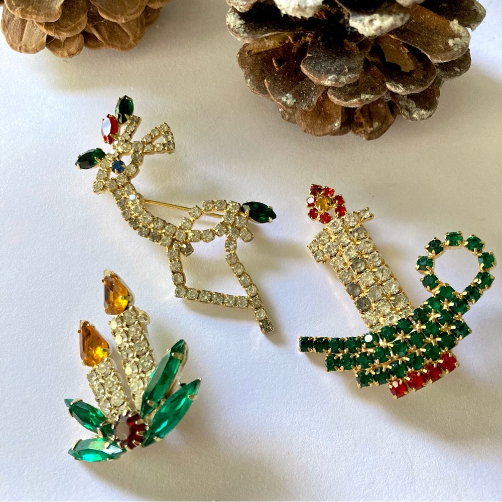 Set of 3 Christmas Holiday brooches Reindeer & Candlesticks